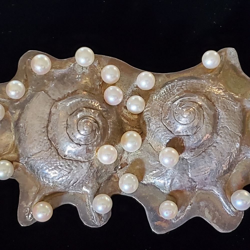 Large Sterling Silver and Pearl Double Nautilus Brooch Handmade Artisan Tested